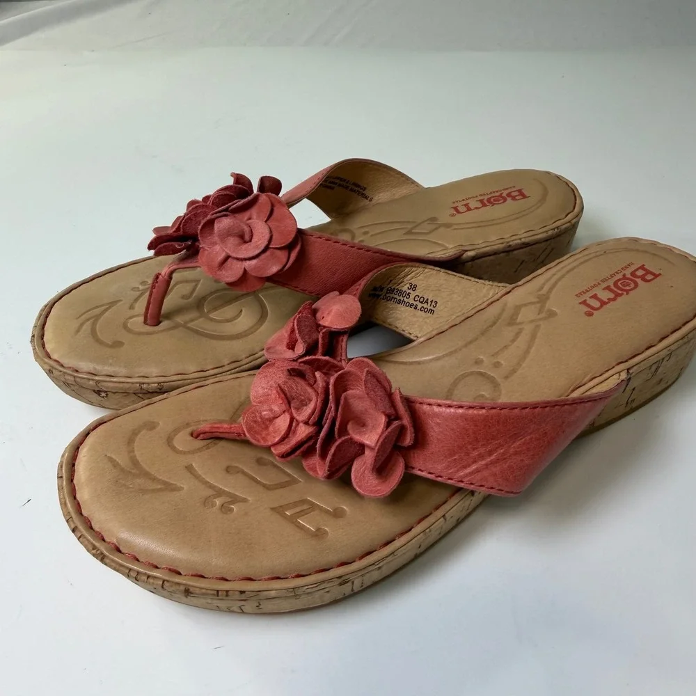 Born Womens Coral Pink Leather Floral Wedge Thong Sandals‎ B93805 Size 7 38
